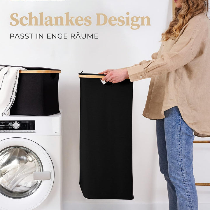 HENNEZ 100L Wäschekorb mit Deckel Schwarz - mit Wäschesack Wäschesammler schmal mit Deckel - Schwarz