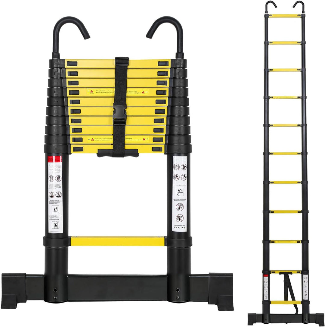 Aluminium Teleskopleiter 3.2M, Ausziehbare Leiter mit Stabilisator und Abnehmbaren Haken, Rutschfest
