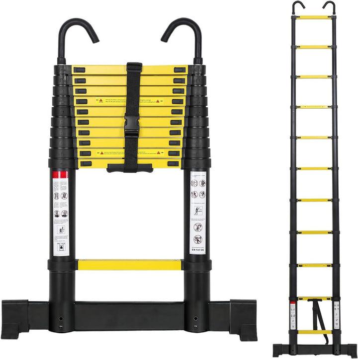 Aluminium Teleskopleiter 3.2M, Ausziehbare Leiter mit Stabilisator und Abnehmbaren Haken, Rutschfest