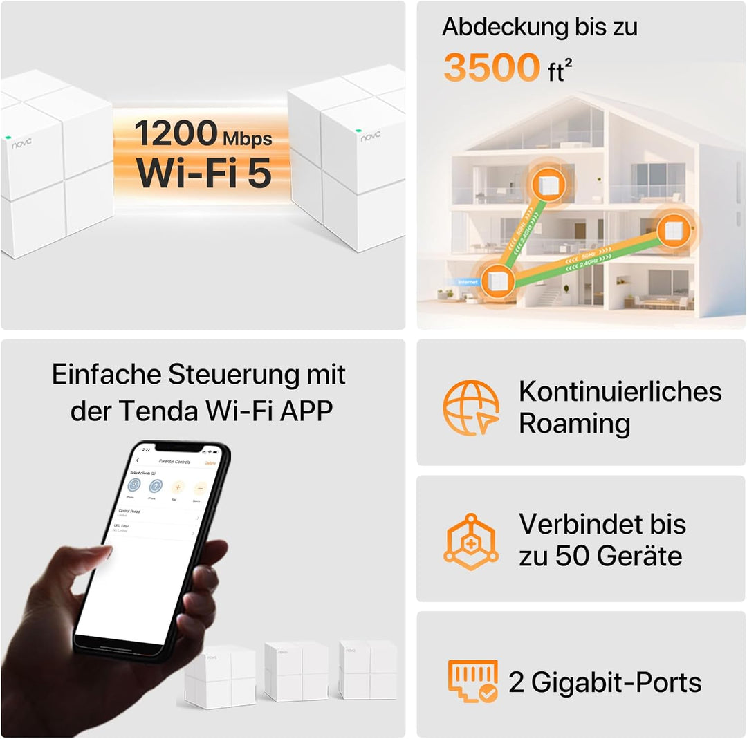 Tenda Nova MW6 Mesh WLAN System - AC1200 Dual Band - Reichweite bis zu 500m² & 90 Geräte - 6x Gigabi