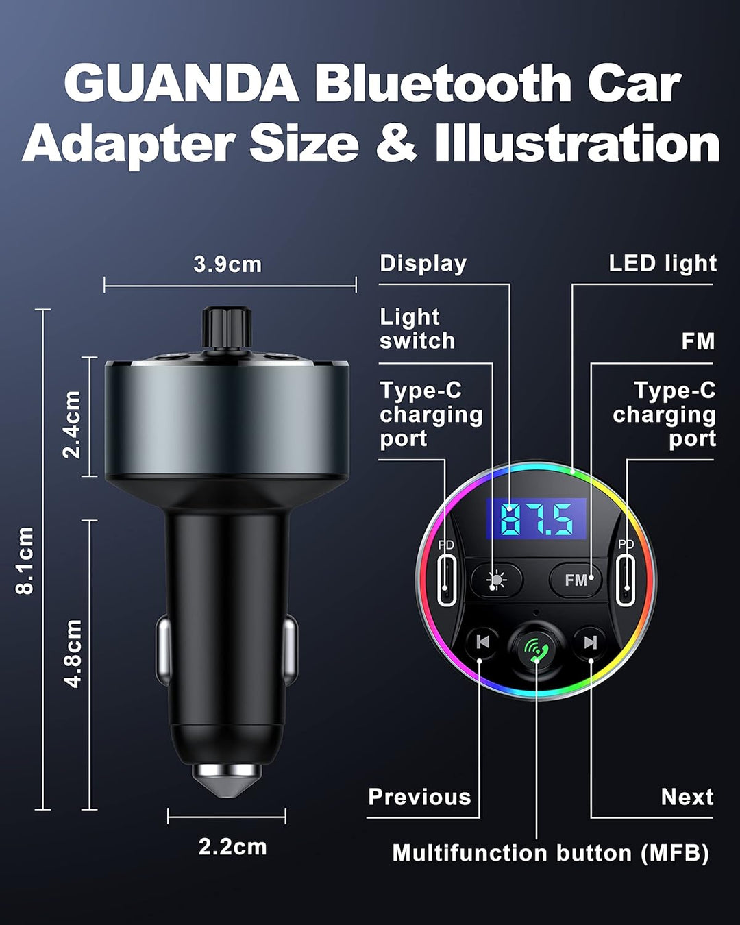Bluetooth Adapter Auto 5.3 FM Transmitter für Freisprechanrufe mit PD 20W Zigarettenanzünder Bluetoo