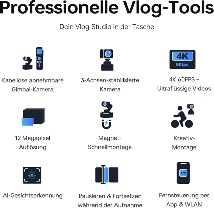 Feiyu Pocket 3 4K Vlog-Kamera mit 3-Achsen-Gimbal & kabelloser Fernbedienung – Inkl. Gesichtserkennu