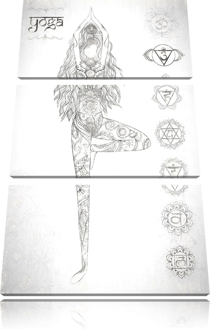 Pixxprint Yogafigur in der Tree Pose Kunst Kohle Effekt 3-Teiler Leinwandbild 120x80 Bild auf Leinwa