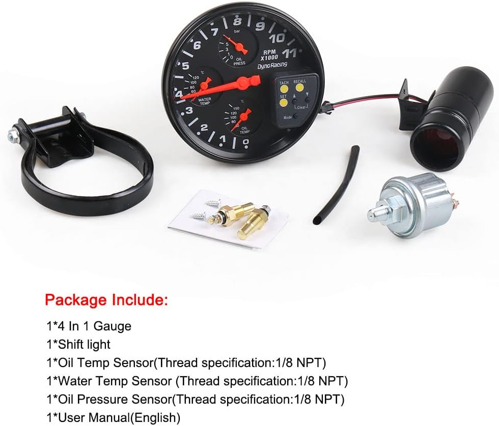 TOTMOX Universal 5" Kohlefaser 4 in 1 Drehzahlmesser mit 11000 U/min mit Temperatur-/Öl-/Wasseranzei