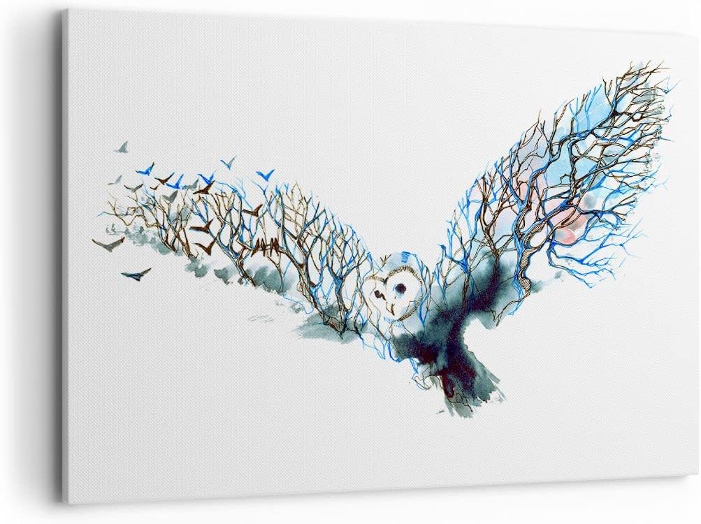 Bilder auf Leinwand 100x70cm Leinwandbild mit Rahmen Eule wild Wald Flug Gross Wanddeko Bild Schlafz