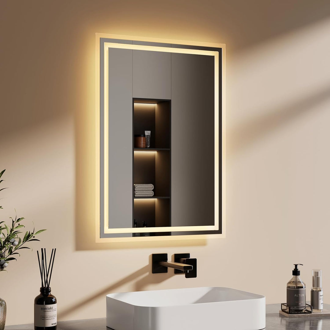 EMKE Badspiegel mit Beleuchtung 50x70cm Badezimmerspiegel mit Beschlagfrei, 2 Lichtfarbe, Kippschalt