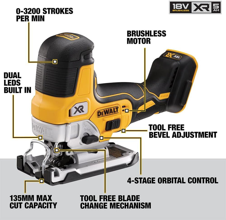 Dewalt 18V Akku-Pendelhubstichsäge DCS335NT (bürstenlos, verstellbarer Alu-Druckguss-Sägeschuh, 3-fa