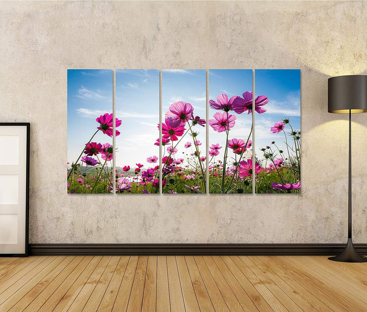islandburner Bild auf Leinwand Blumenfeld Pink Blauer Himmel Bilder Wandbilder Poster Leinwand 170x8