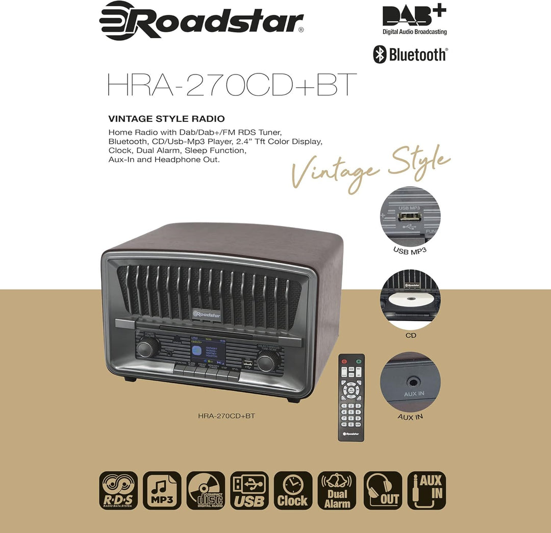 Roadstar HRA-270CD+BT Tragbares CD-Radio Vintage Digital Dab/Dab+/FM, CD-MP3-Player, Bluetooth, USB,