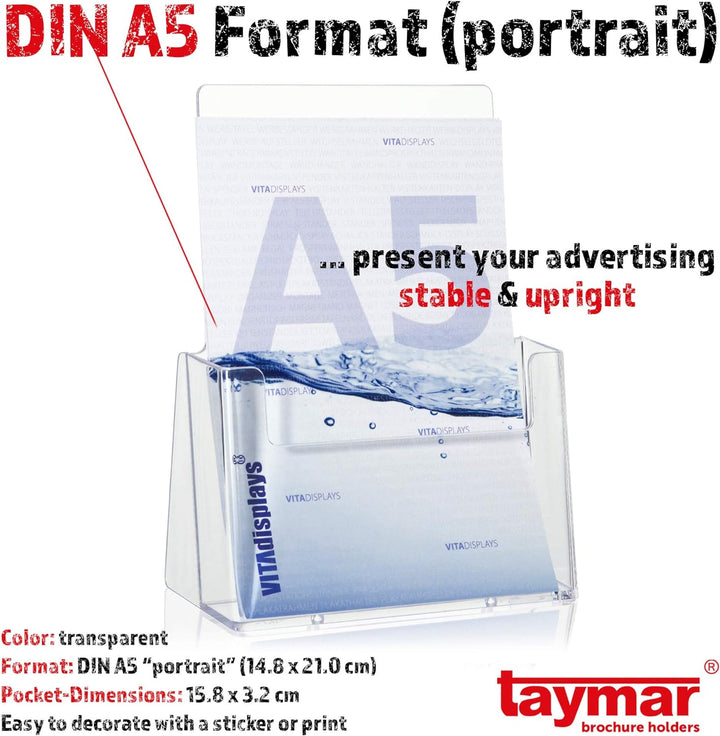 5 C160 Stück taymar DIN A5 Tisch-Prospekthalter, Prospektständer, glasklarer Flyerständer, Präsentat