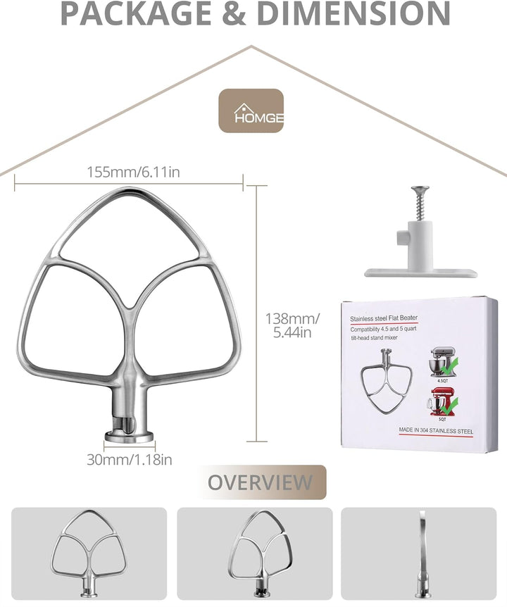 HOMGEN Flachrührer Edelstahl für Kitchenaid 4.5/5QT Flachrührer aus Edelstahl spülmaschinenfest für