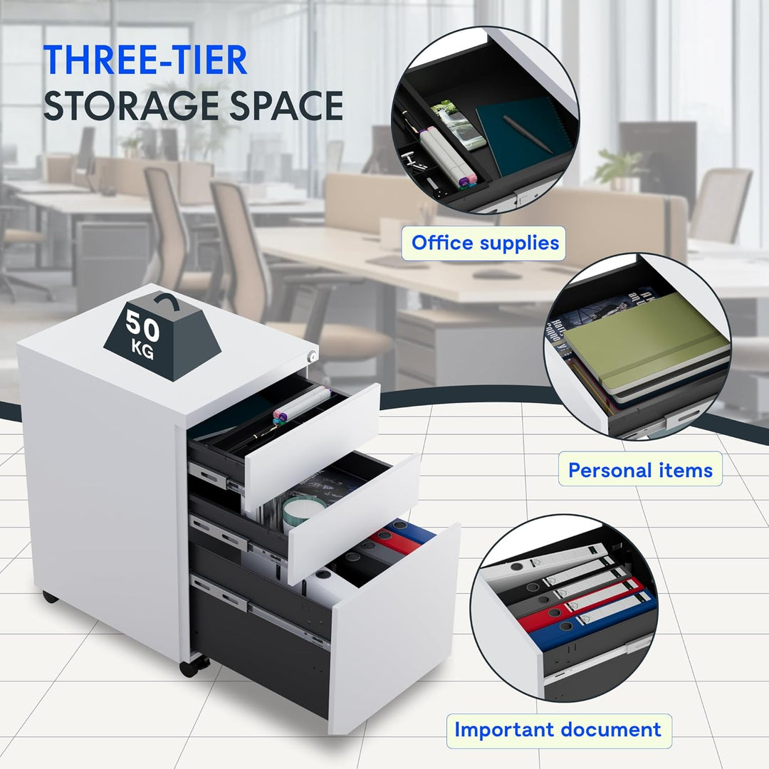 FLEXISPOT Rollcontainer mit 3 Schubladen, mobiler Aktenschrank mit Rollen, Schubladenschrank Bürosch