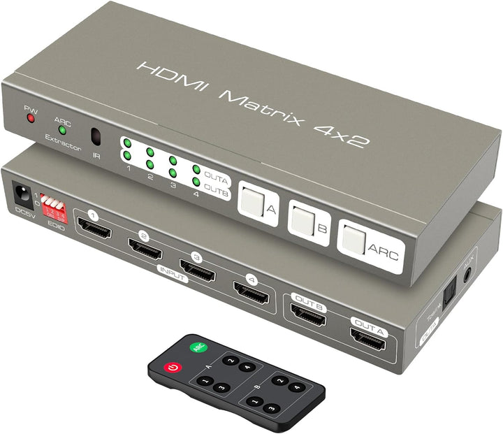 VEDINDUST HDMI Matrix Switcher 4K @ 60Hz HDMI 2.0b Switch 4 in 2 Out Splitter with Optical and 3.5 m