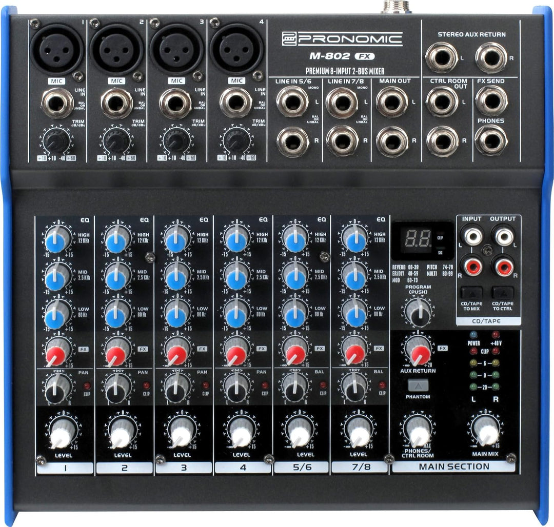 Pronomic M-802FX Live/Studio Mischpult mit digitalem 24bit Multieffektprozessor (4 Mono-Kanäle XLR/K