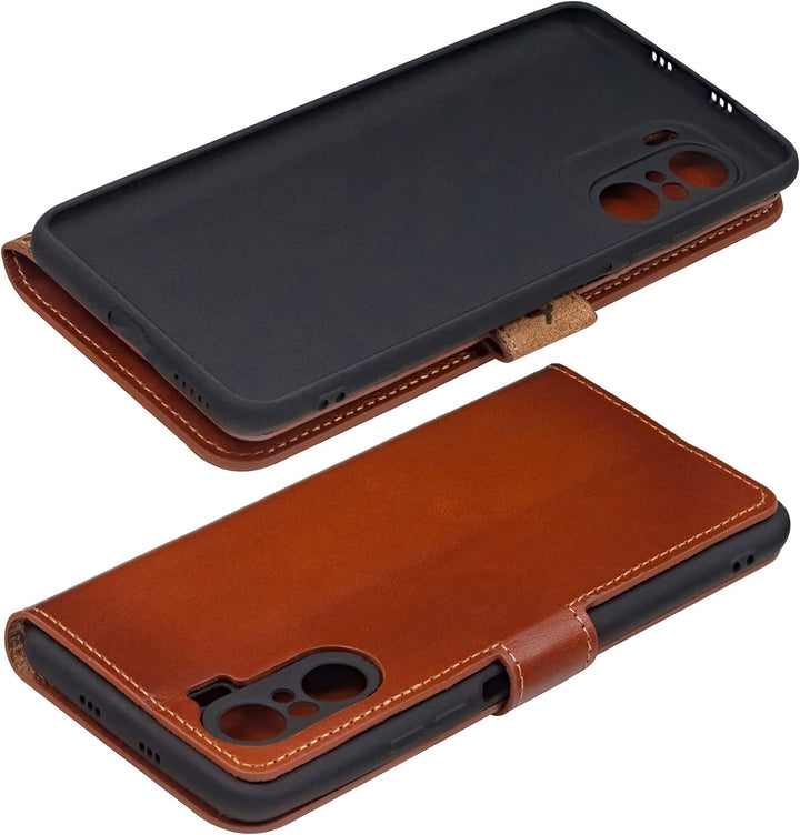 Suncase Book-Style Hülle kompatibel mit Xiaomi Poco F3 Leder Tasche (Slim-Fit) Lederhülle Handytasch