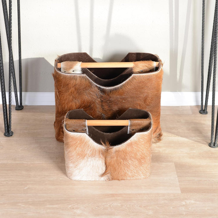 wohnfreuden Ziegenfell Zeitungsständer eckig braun 30 cm - Holz Zeitungshalter Korb klein