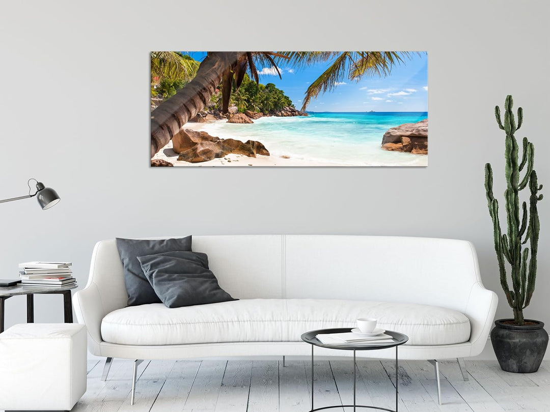Glasbild Panorama | Wandbild aus Echtglas | Palmenstrand Seychellen | 100x40 cm | inkl. Aufhängung u