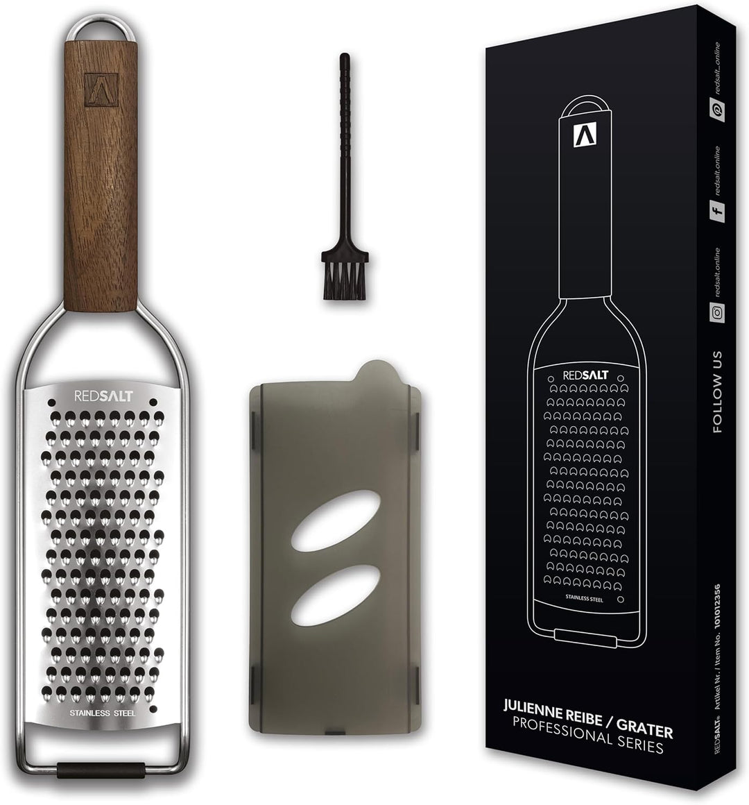 REDSALT® Premium Parmesanreibe mit Holzgriff | rasiermesserscharfe Profi Julienne Edelstahl Reibe fü