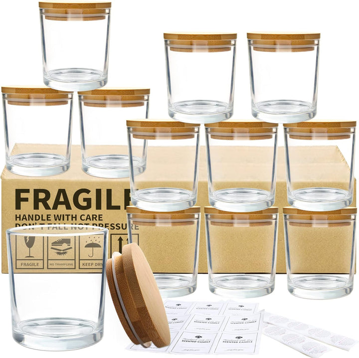 CONNOO 12 Stück 284 ml klarem Glas-Kerzengläser mit Bambusdeckel für die Herstellung von Kerzen, lee