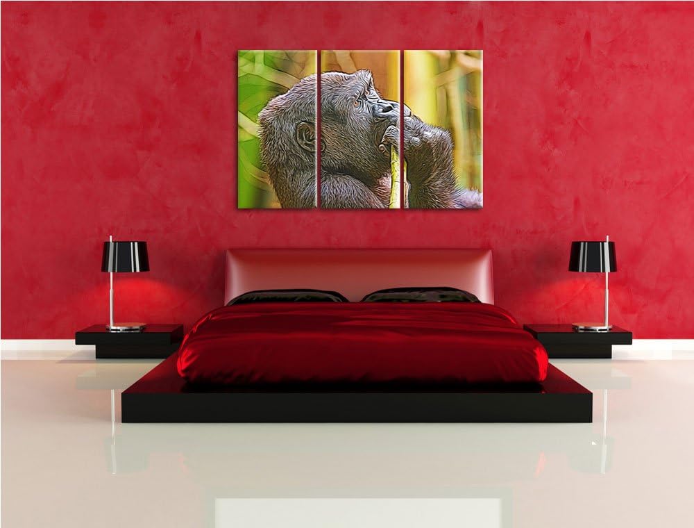 Gorilla isst NewArt 3-Teiler Leinwandbild 120x80 Bild auf Leinwand, XXL riesige Bilder fertig gerahm