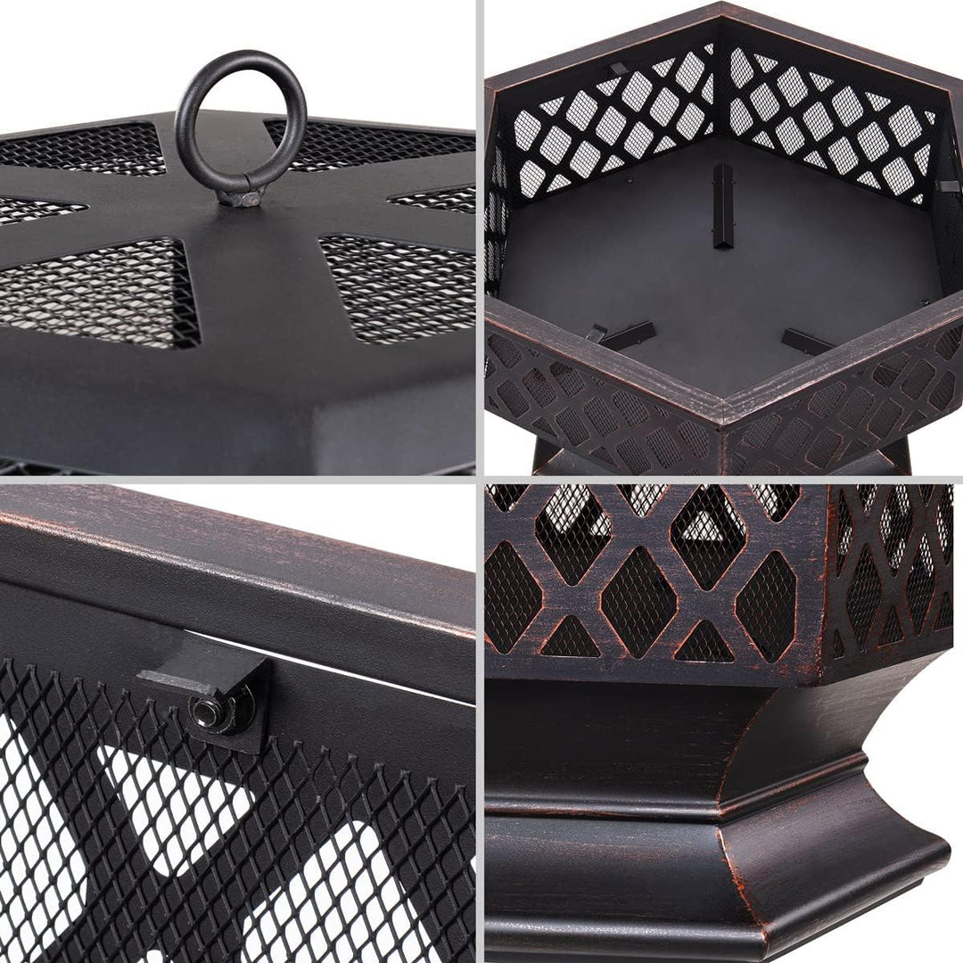 Gardebruk® Feuerschale mit Funkenschutz Sechseckig Stahl Modern Rost-Optik Garten Terrasse Feuerstel