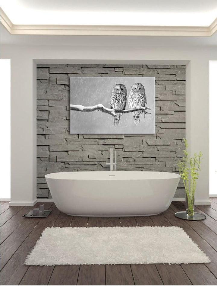 Pixxprint Zwei Eulen in Winterlandschaft Kunst B&W, Format: 100x70 auf Leinwand, 100x70