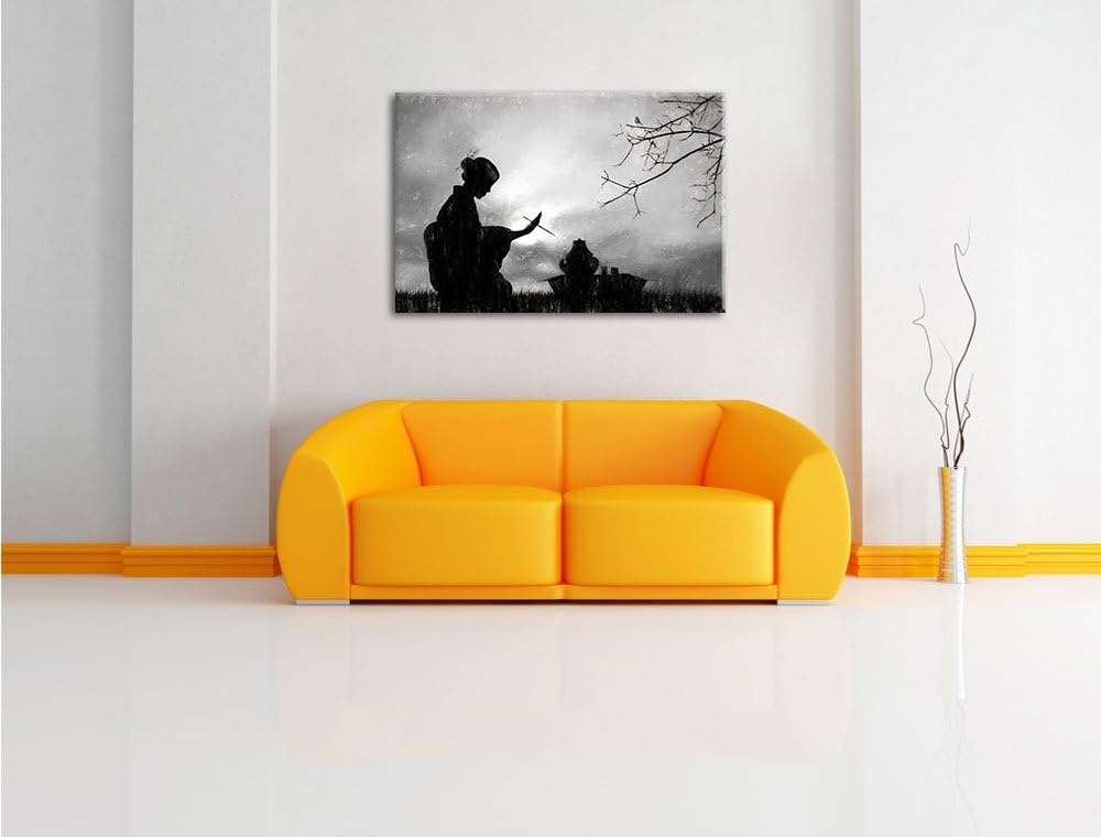 Geisha Kohle Effekt, Format: 100x70 auf Leinwand, XXL riesige Bilder fertig gerahmt mit Keilrahmen,