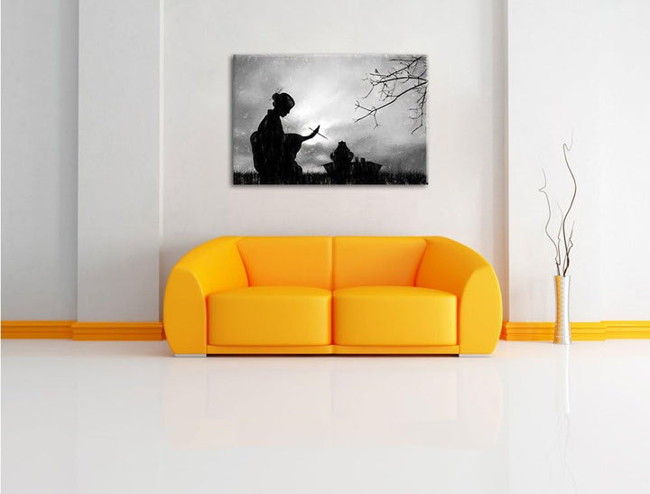 Geisha Kohle Effekt, Format: 100x70 auf Leinwand, XXL riesige Bilder fertig gerahmt mit Keilrahmen,