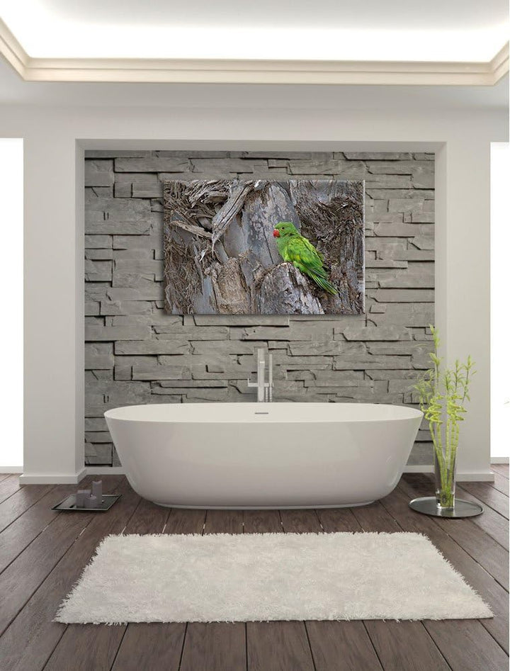 grüner Papagei im Gehölz Leinwand, XXL riesige Bilder fertig gerahmt mit Keilrahmen, Kunstdruck auf