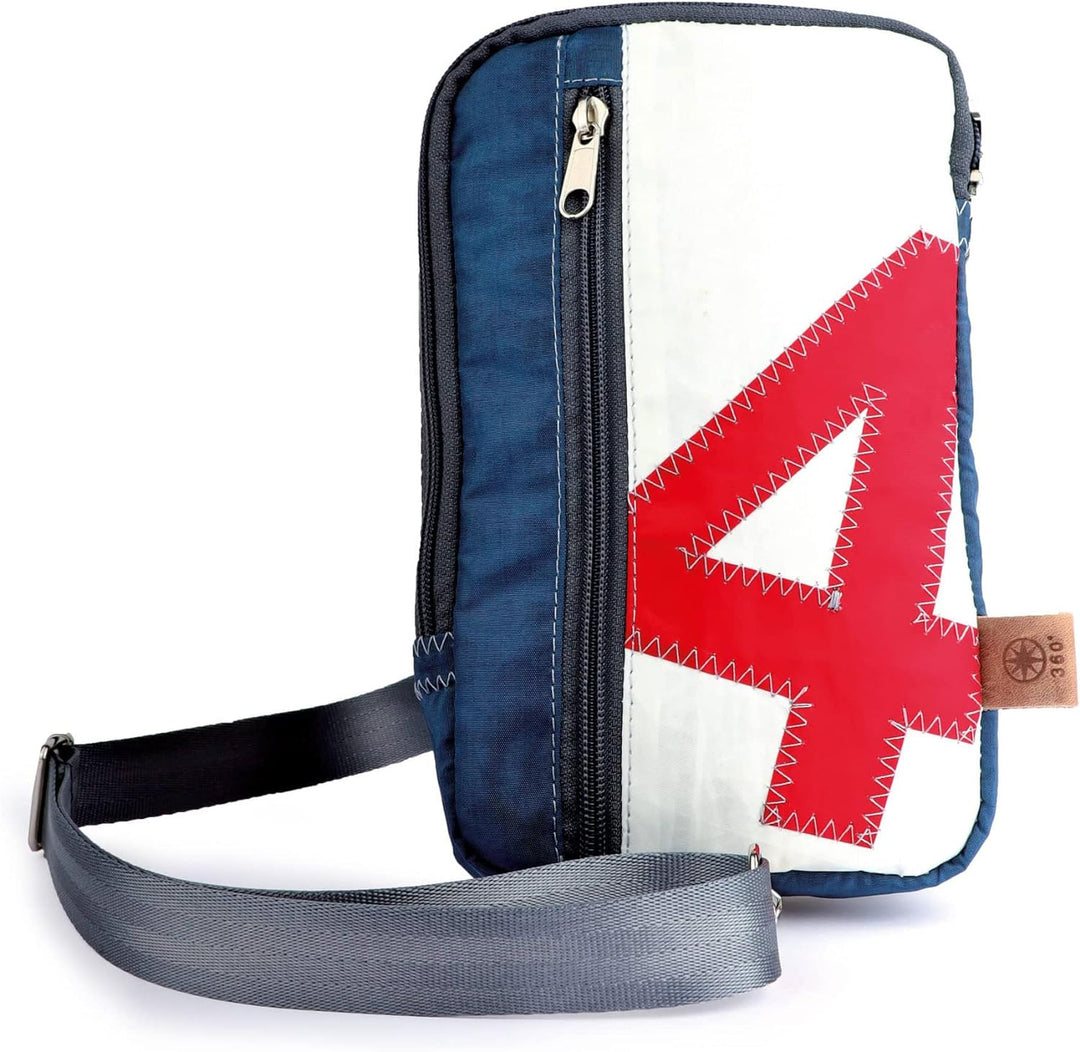 360Grad Umhängetasche, Schultertasche, Crossbag, Hip bag aus Segeltuch, unisex, weiss blau, Zahl rot