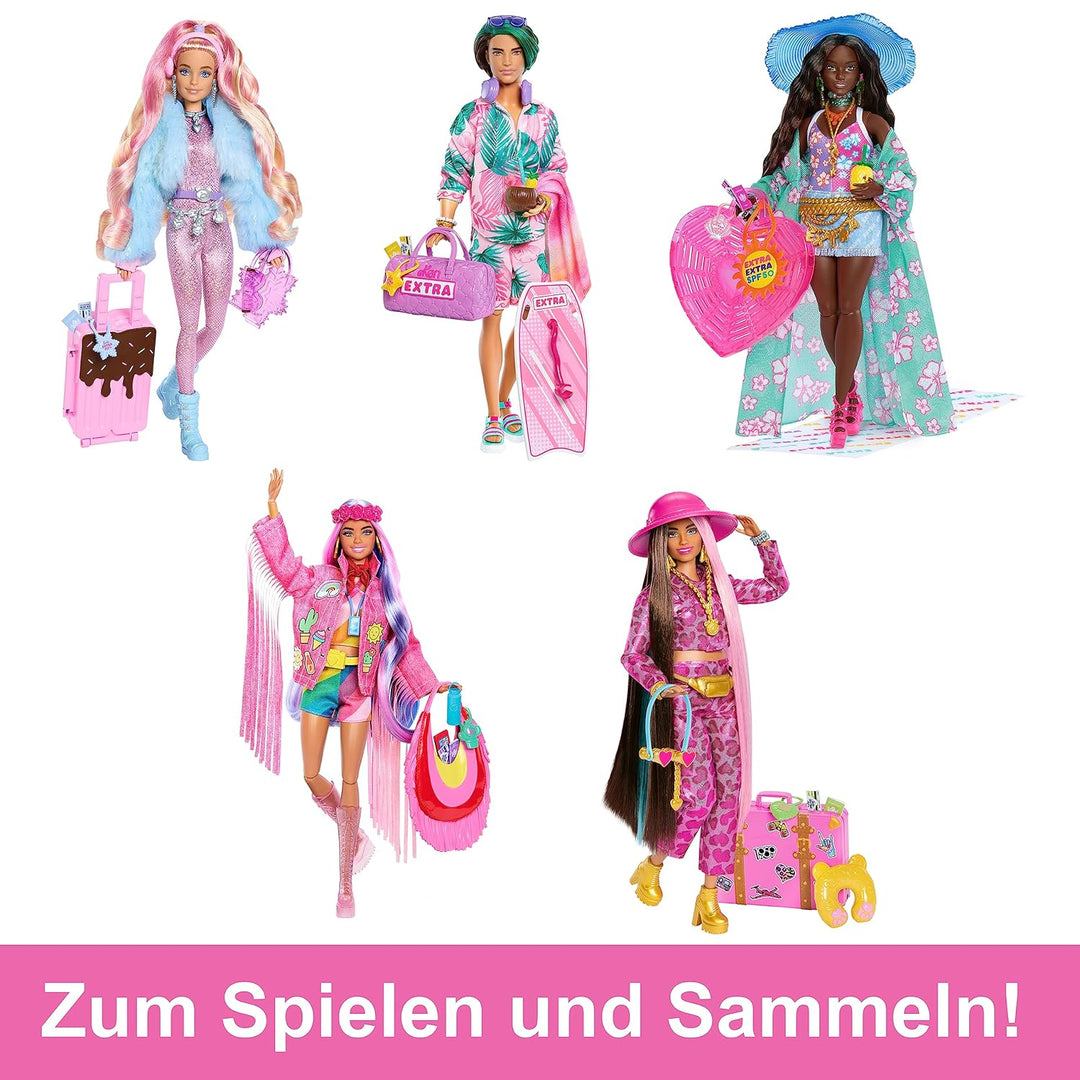 Barbie Extra Fly - Ken Reisepuppe mit tropischem Outfit, Boogie Board, Seesack und Zubehör für kreat