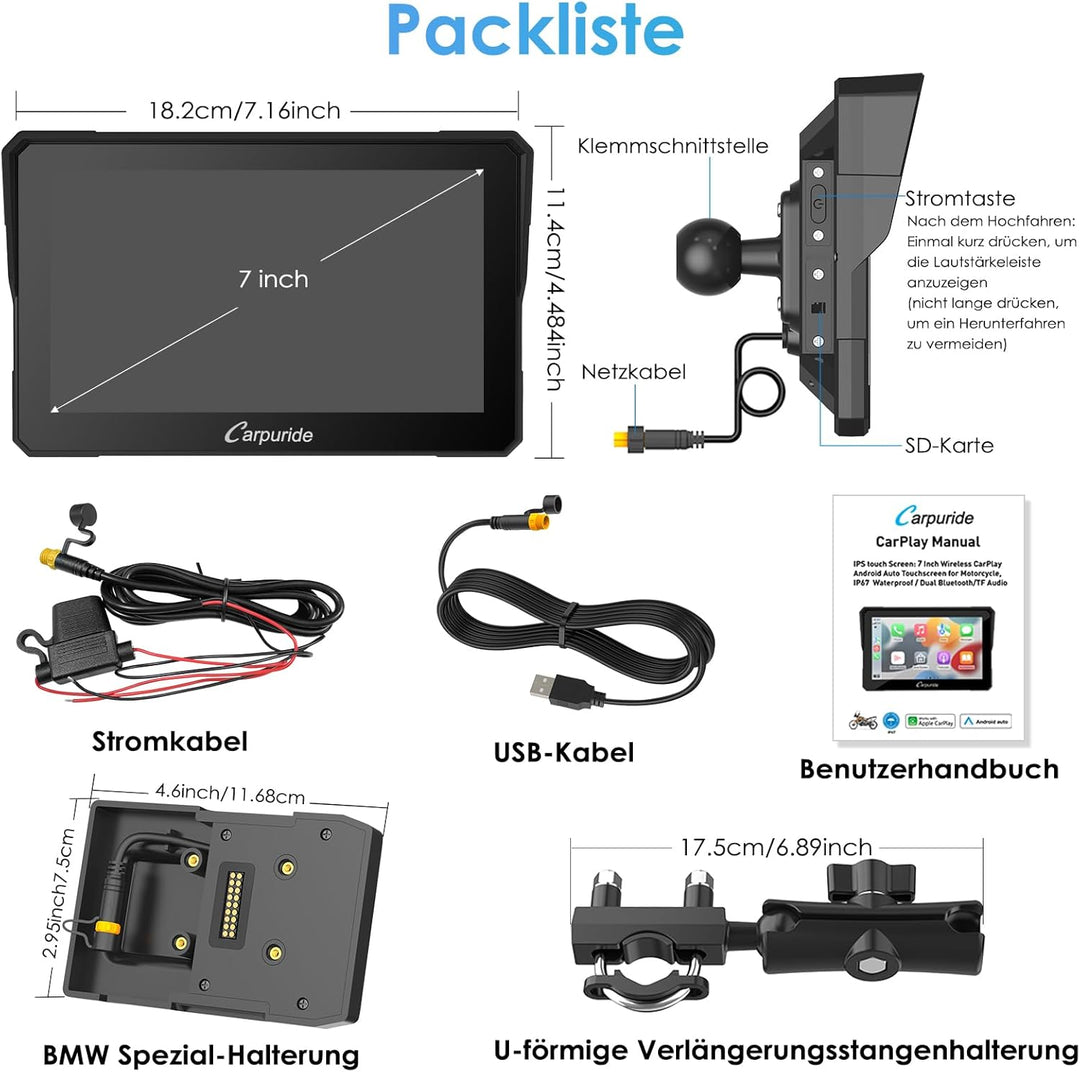 Carpuride W702B Motorrad GPS Carplay Bildschirm mit Design Halterung für BMW Motorräder, Kabelloses