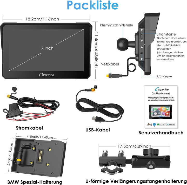 Carpuride W702B Motorrad GPS Carplay Bildschirm mit Design Halterung für BMW Motorräder, Kabelloses