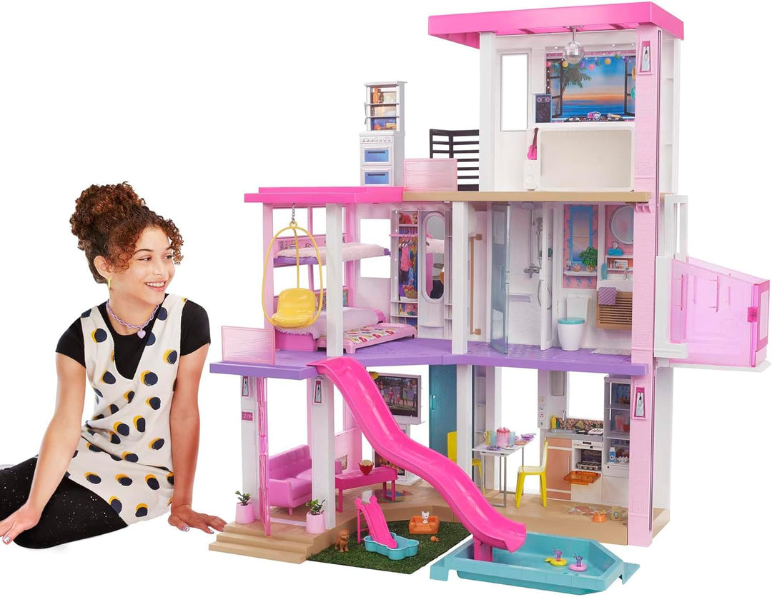 Barbie Dream House (114 cm), 3-stöckiges Puppenhaus mit Barbie-Pool, Rutsche, Barbie-Rollstuhllift,