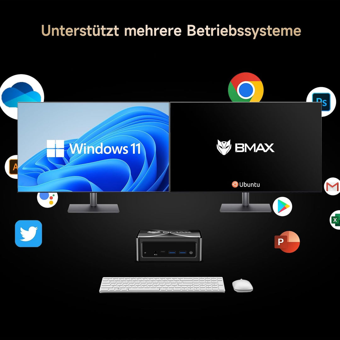 BMAX Mini PC, AMD Ryzen 7 5700U (8C/16T, bis zu 4,3 GHz), Mini-Computer 16 GB DDR4 512 GB NVMe SSD,