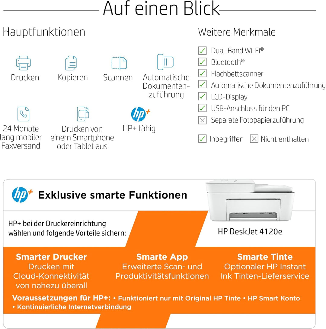 HP DeskJet 4120e Multifunktionsdrucker (HP+, Drucker, Kopierer, Scanner, mobiler Faxversand, WLAN, A