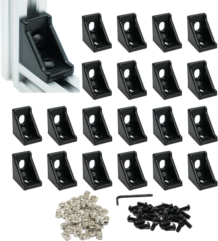 Iverntech 20 Stück schwarze Aluminium-Eckwinkel-Verbindungsstücke mit 40 Stück M5-T-Muttern + 40 Stü