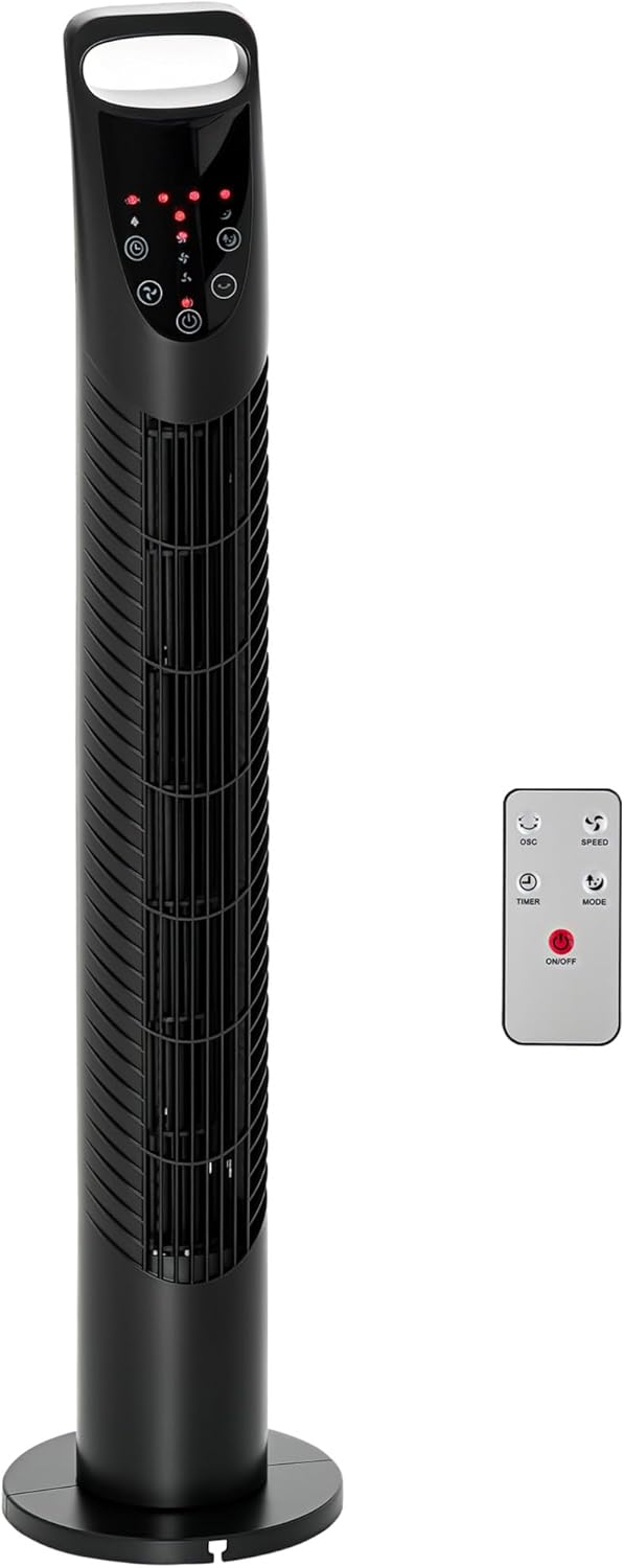 HOMCOM Turmventilator leise, Standventilator mit 3 Belüftungsstufen, 7,5H Timer, 40W Ventilator mit