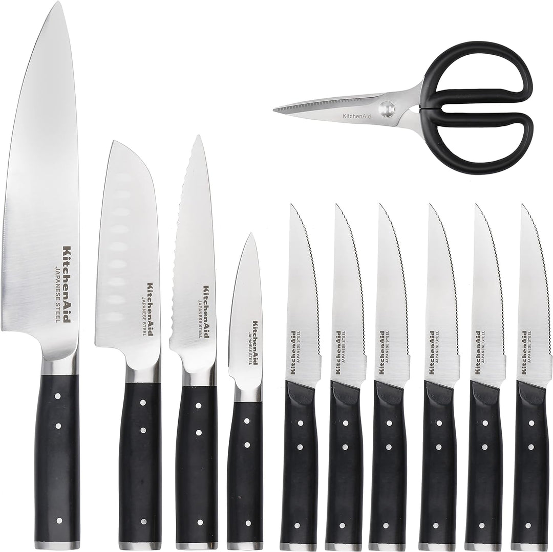 KitchenAid Gourmet 11-Piece Japanese Steel Knife Set with Sharpener and Birchwood Block Knife Set &