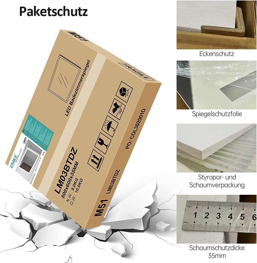 EMKE Badspiegel mit Beleuchtung 120x60cm, Badezimmerspiegel mit Kippschalter+Beschlagfrei+2 Lichtfar