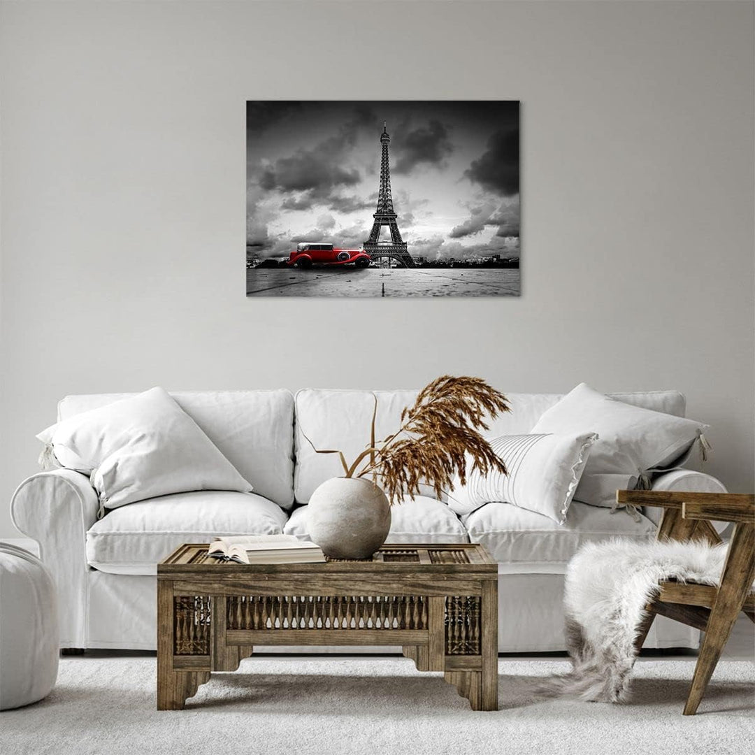 ARTTOR Bilder auf Leinwand Auto Eiffle Paris Stadt Leinwandbild 70x50cm Wandbilder Dekoration Wohnzi