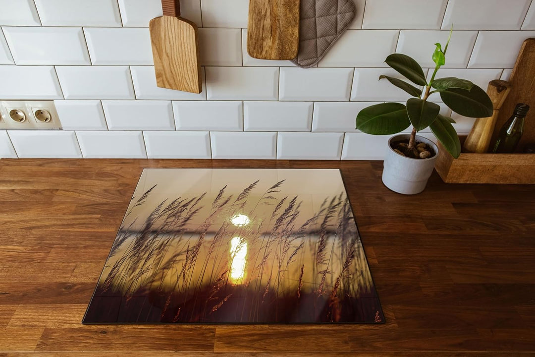 Gräser bei Sonnenuntergang Herdabdeckplatte & Spritzschutz aus Echtglas | Für Herd-Kochfelder | 60x5