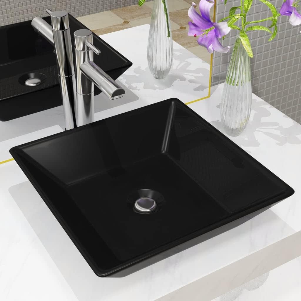 WIFESE Waschbecken Keramik Quadratisch Schwarz 41,5x41,5x12 cm Badezimmer Möbel Aufsatzwaschbecken E