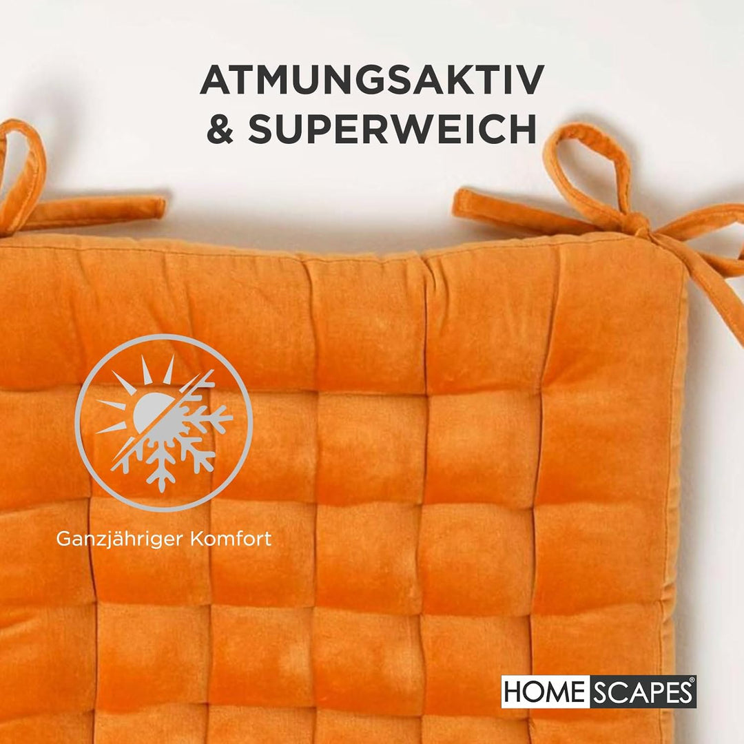Homescapes 4er-Set Samt Stuhlkissen 40x40 orange, Sitzauflagen mit Bändern, bequeme Sitzkissen für S