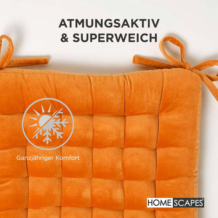 Homescapes 4er-Set Samt Stuhlkissen 40x40 orange, Sitzauflagen mit Bändern, bequeme Sitzkissen für S