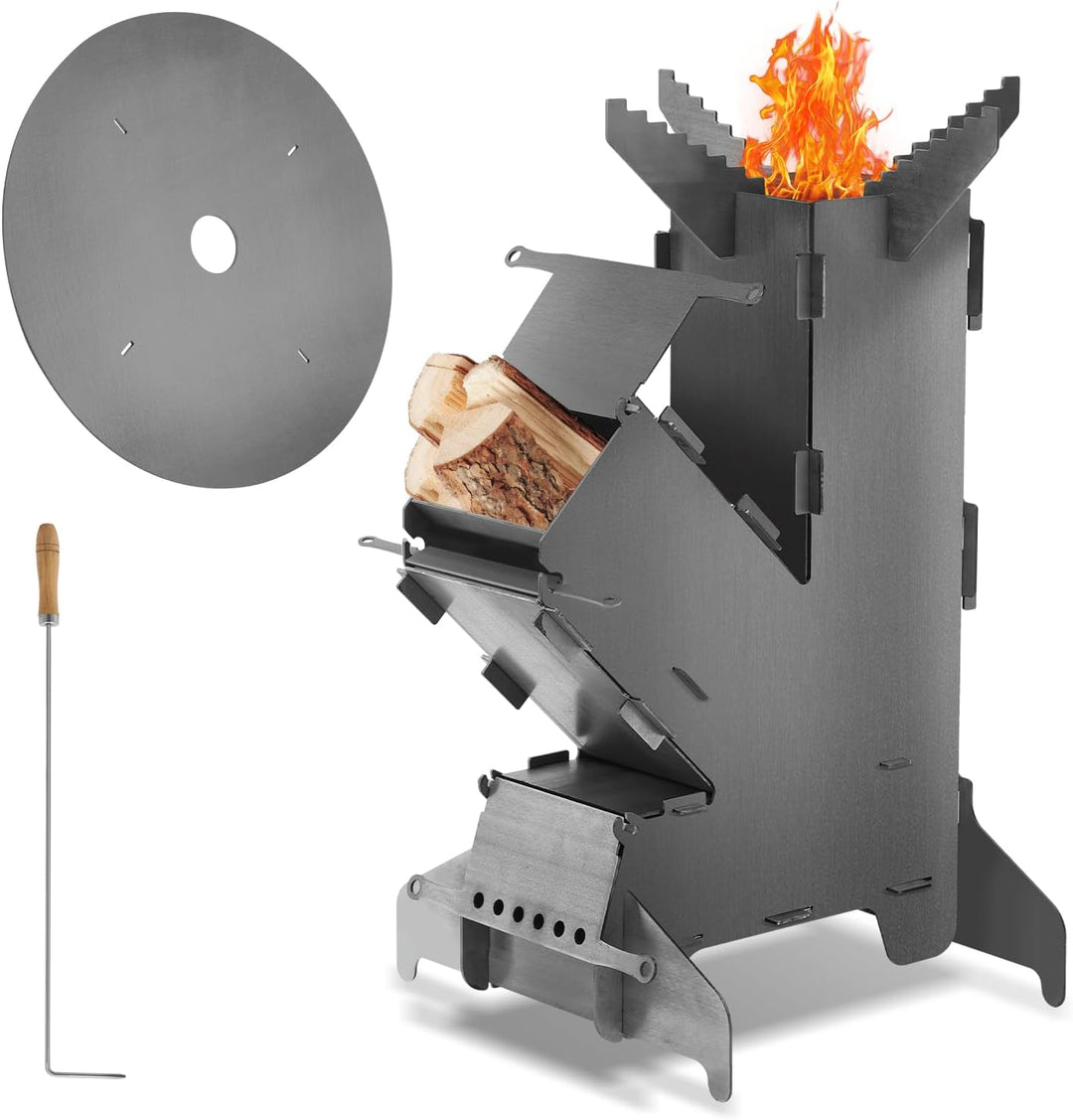 Daromigo Raketenofen mit Grillplatte und Feuerhaken, Rocket Stove Outdoor aus massivem 3 mm dickem S