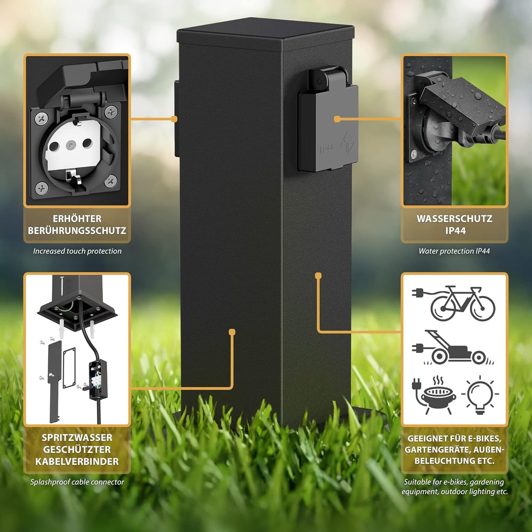 ledscom.de Garten-Steckdosen-Säule Polly mit Erdspiess für aussen, 2-Fach, Edelstahl, eckig, schwarz