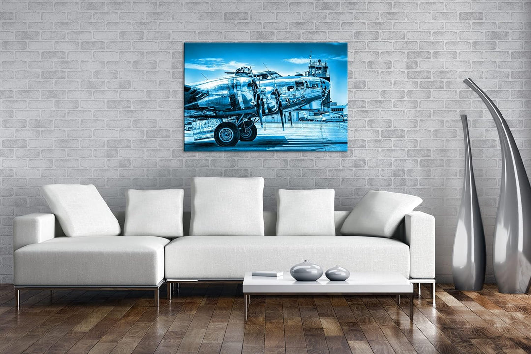 deyoli Silbernes Militär Flugzeug Format 80x60 Effekt: Monocrome Blau als Leinwandbild, Motiv fertig