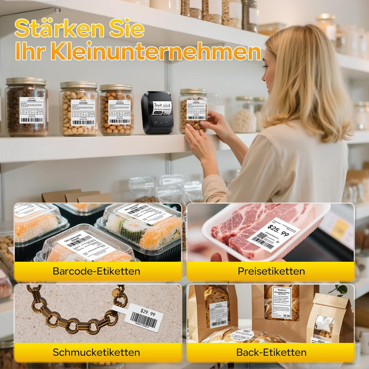 Memoking Etikettendrucker Selbstklebend, Bluetooth Label Printer mit 2000 Symbolen und 300 Vorlagen,