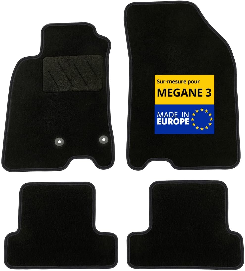 DBS - Autoteppich - Massgeschneidert für Megane 3 - Mit Befestigungsclips - Antirutschmatten - 4 Stü